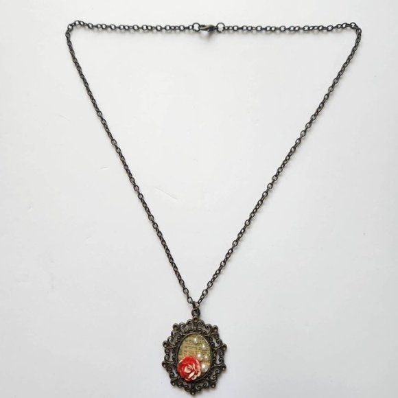 Vintage Brooch Pin Style Necklace Handmade with Text, Flower and Pearl Bookish - Picture 3 of 9